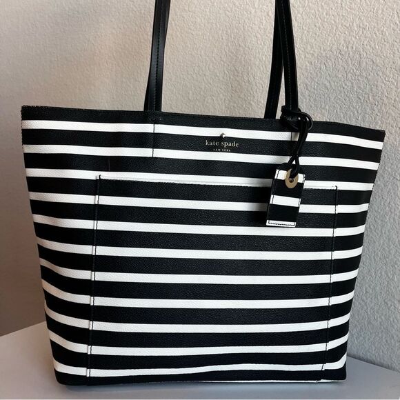 KATE SPADE BLack White XL Laptop Work Tote Shoulder Bag Wellesley Leila - Picture 1 of 16